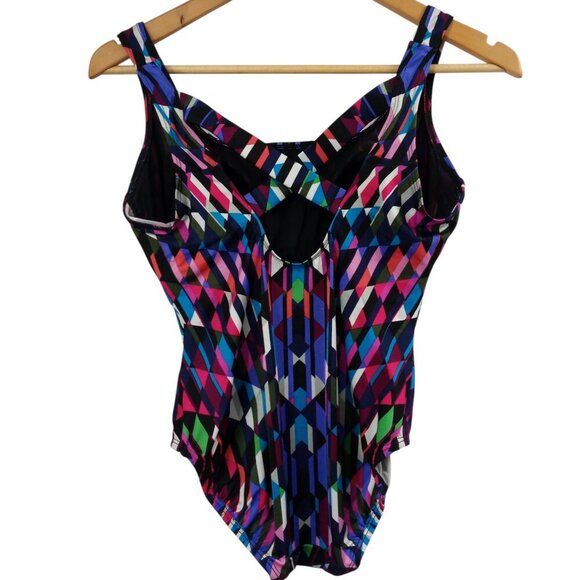 Longitude Geometric One Piece Slimming Lined Swimsuit Size 8 Shelf Bra Black - Picture 5 of 11